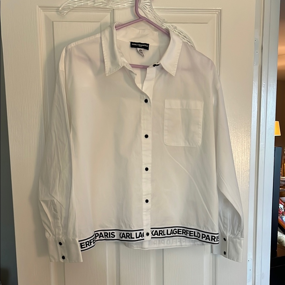 Karl Lagerfeld White Dropped-Shoulder Shirt Jacket with Black Logo Trim